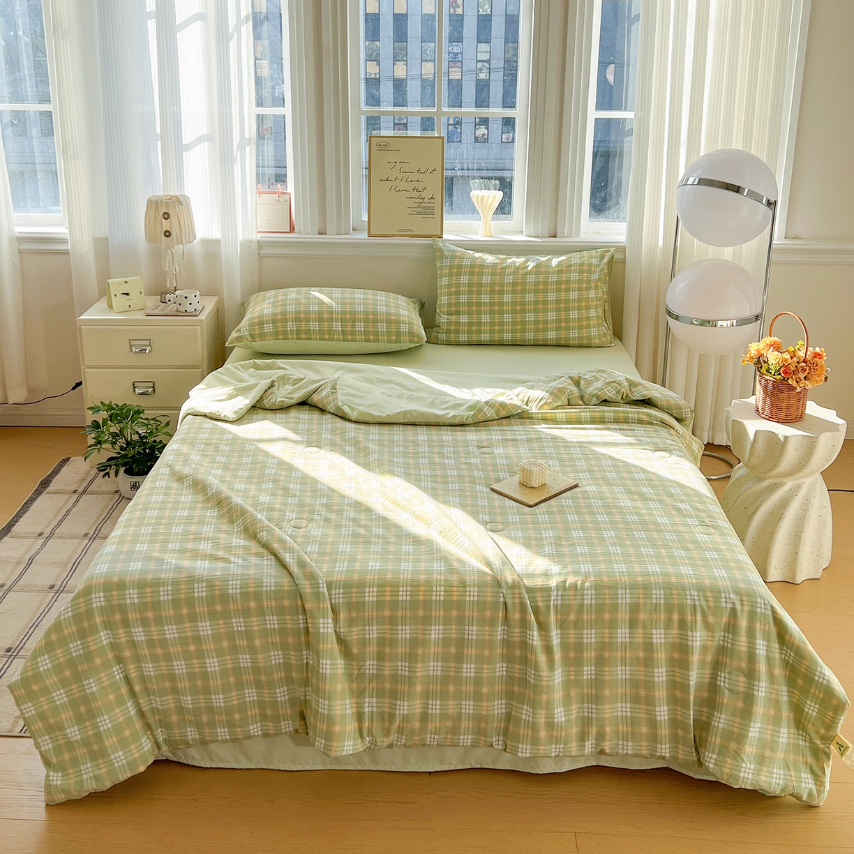 纽缦家纺 2026新款水洗棉简约格子风夏被 朱颜-绿