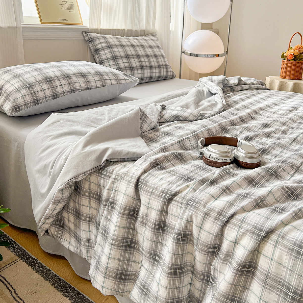 91家纺网 家纺一手货源 找家纺 纽缦家纺 2026新款水洗棉简约格子风夏被 暮春