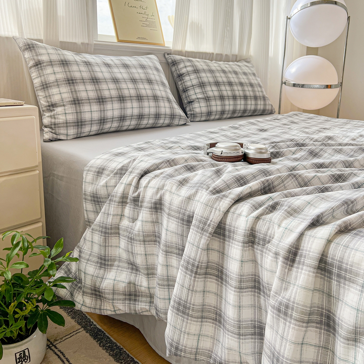 91家纺网 家纺一手货源 找家纺 纽缦家纺 2026新款水洗棉简约格子风夏被 暮春