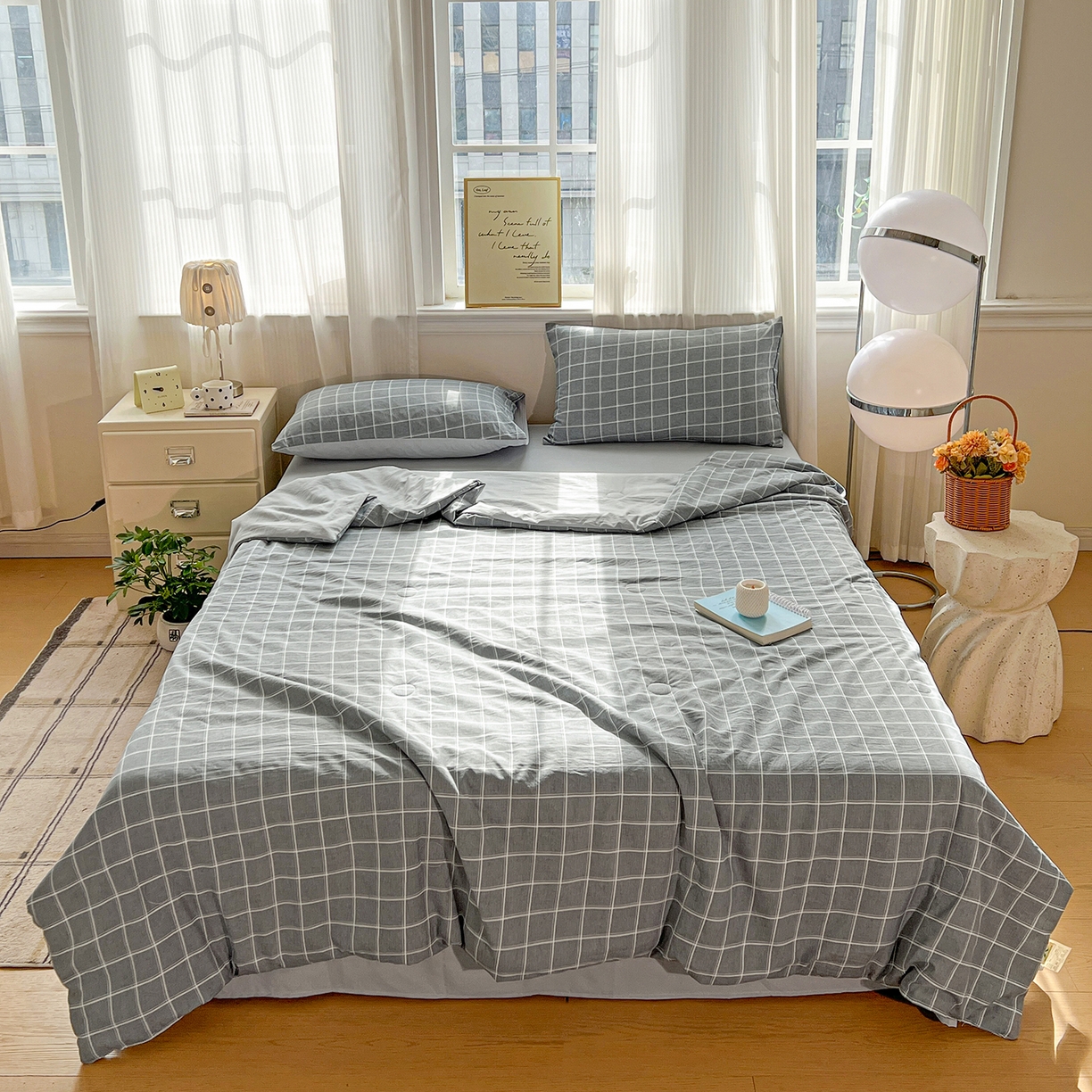 纽缦家纺 2026新款水洗棉简约格子风夏被 弦韵-灰
