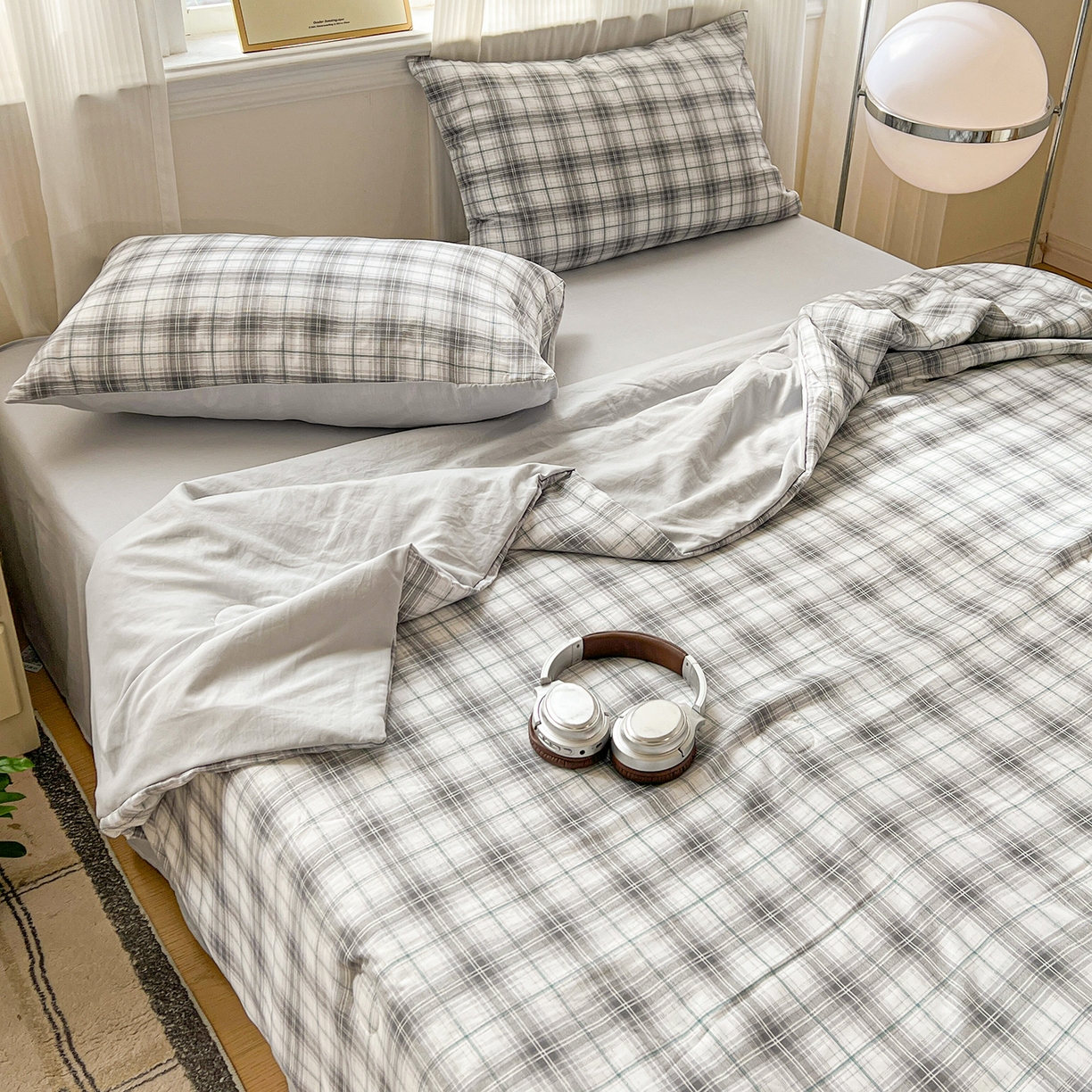 91家纺网 家纺一手货源 找家纺 纽缦家纺 2026新款水洗棉简约格子风夏被 暮春