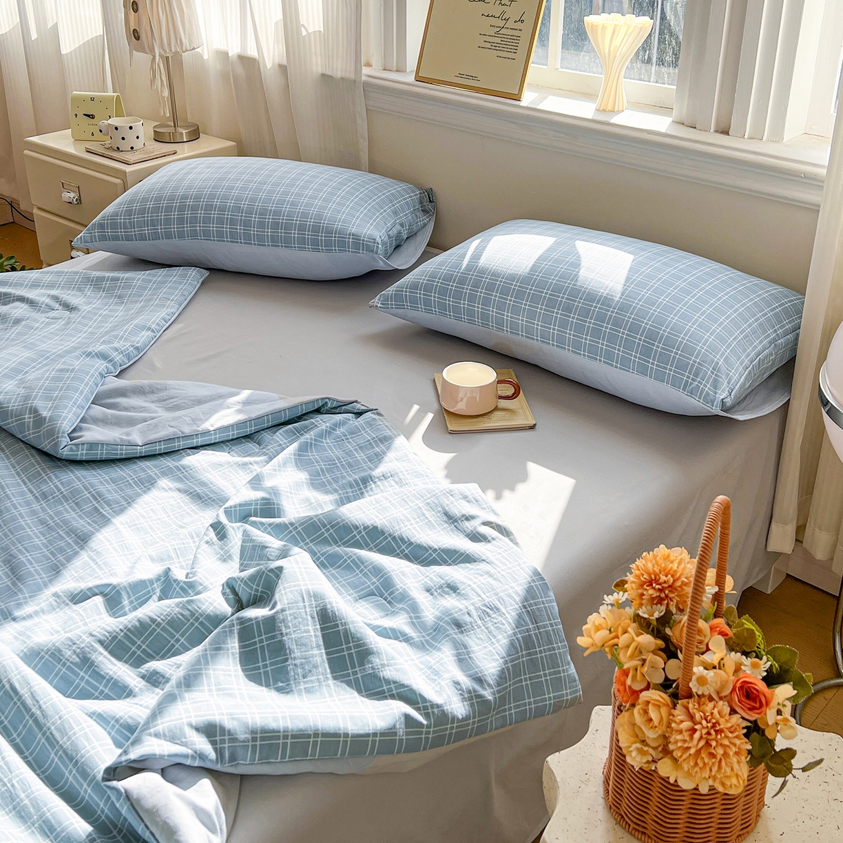 91家纺网 家纺一手货源 找家纺 纽缦家纺 2026新款水洗棉简约格子风夏被 海之声-灰