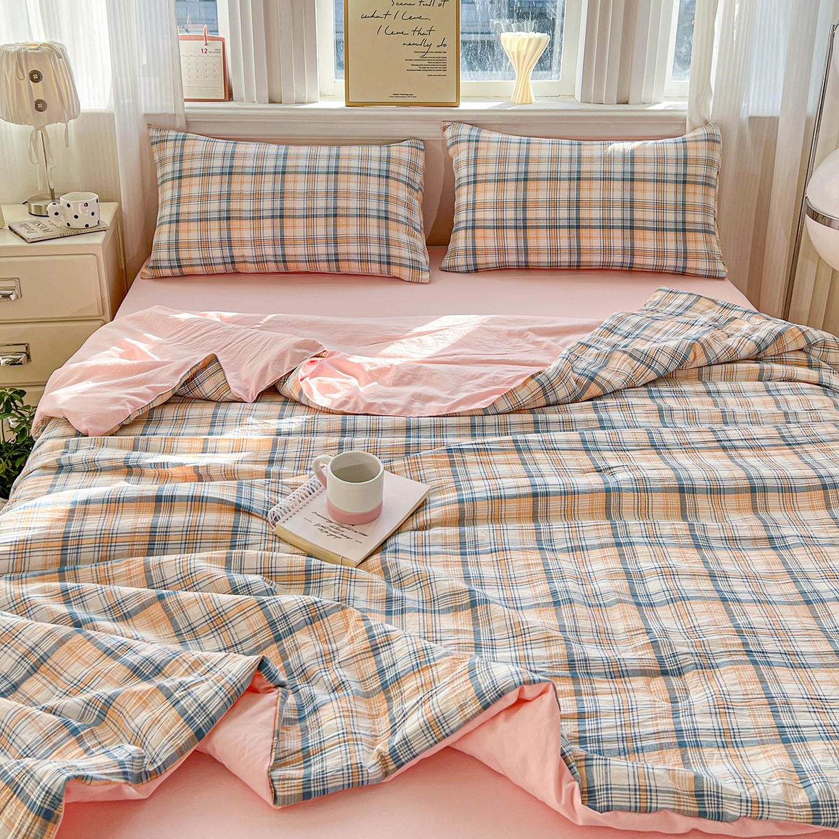 91家纺网 家纺一手货源 找家纺 纽缦家纺 2026新款水洗棉简约格子风夏被 思南