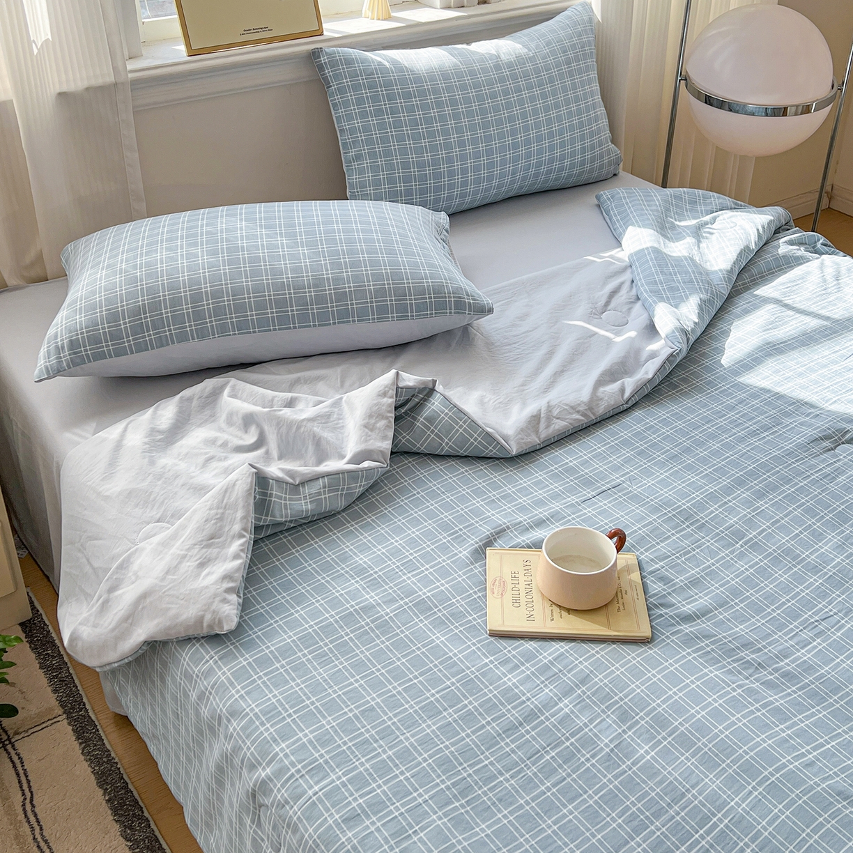 91家纺网 家纺一手货源 找家纺 纽缦家纺 2026新款水洗棉简约格子风夏被 海之声-灰