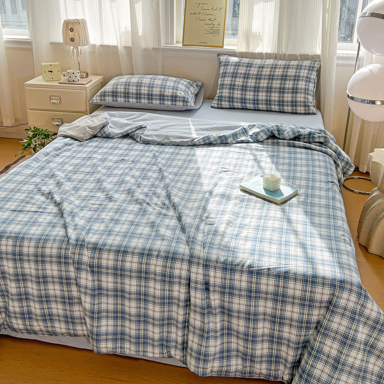 91家纺网 家纺一手货源 找家纺 纽缦家纺 2026新款水洗棉简约格子风夏被 野趣