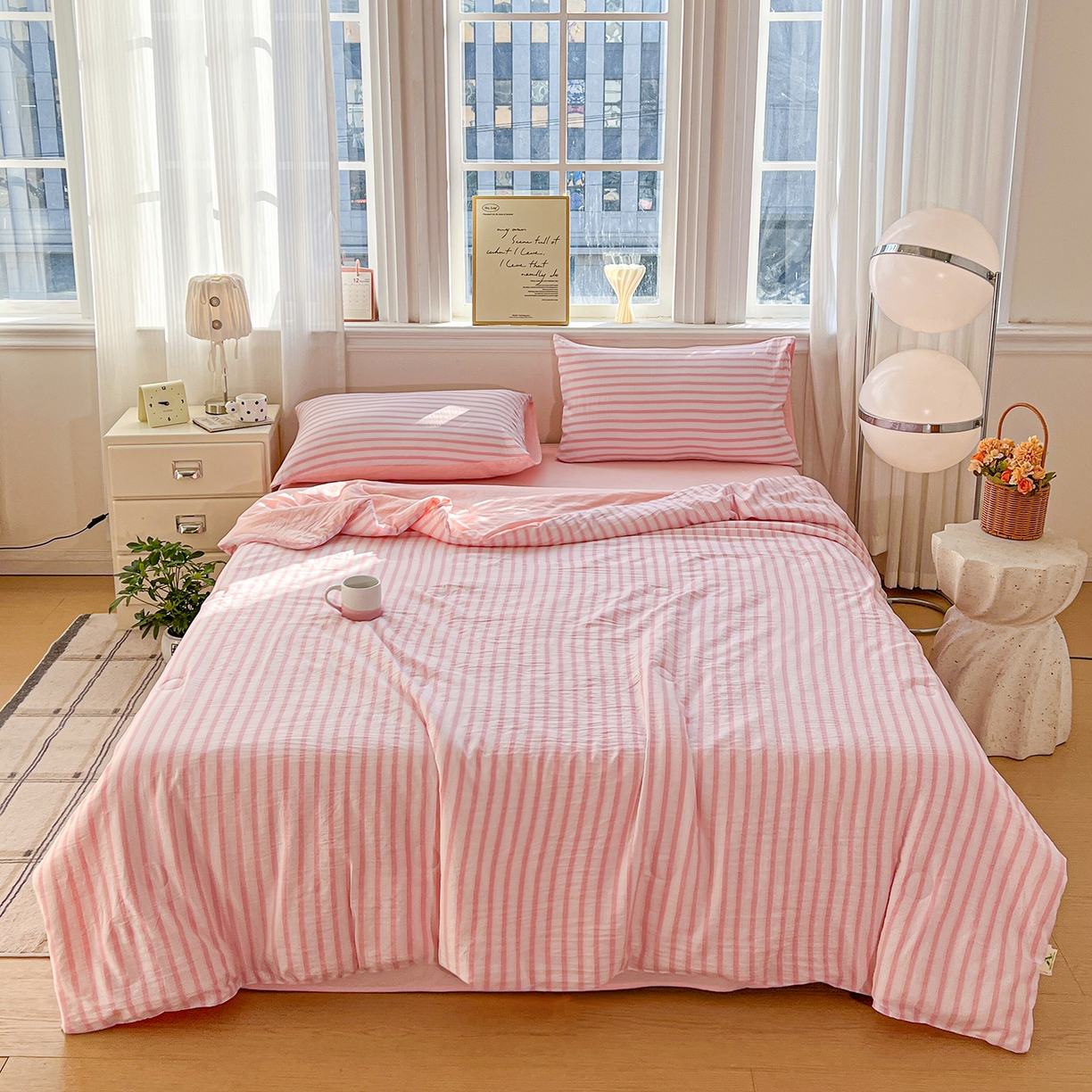 纽缦家纺 2026新款水洗棉简约格子风夏被 爱慕-粉