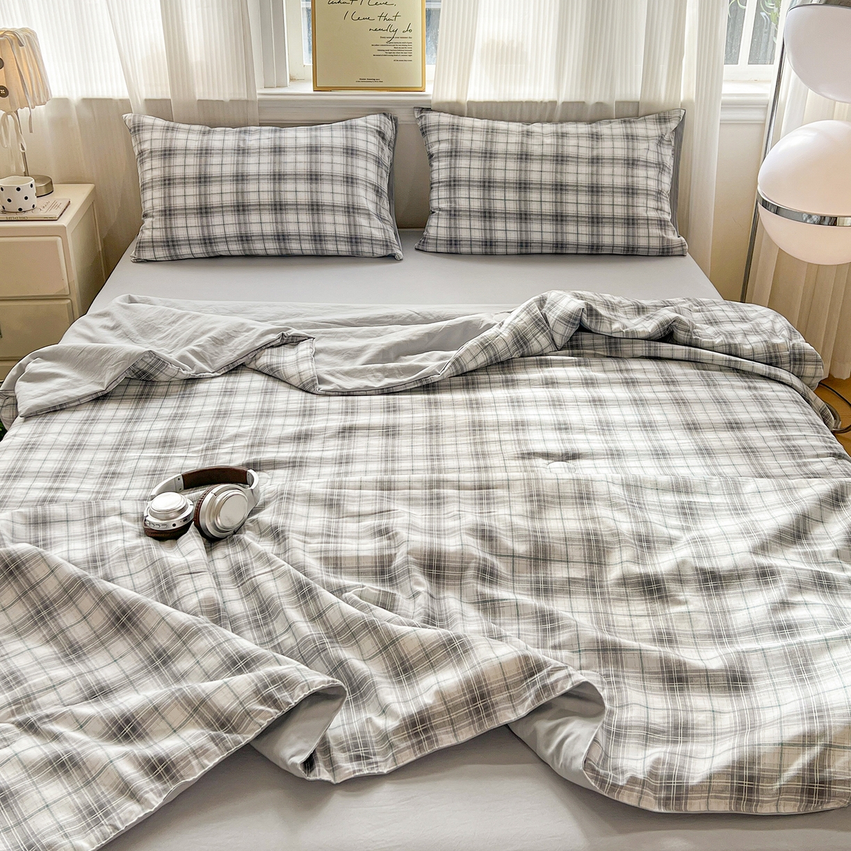 91家纺网 家纺一手货源 找家纺 纽缦家纺 2026新款水洗棉简约格子风夏被 暮春