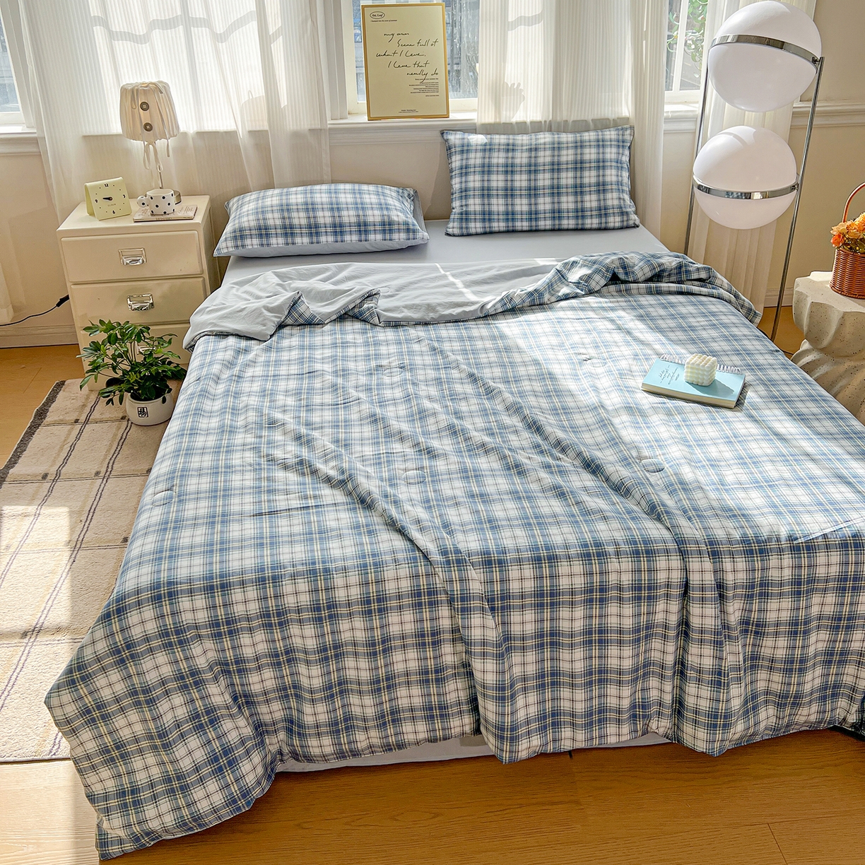 91家纺网 家纺一手货源 找家纺 纽缦家纺 2026新款水洗棉简约格子风夏被 野趣