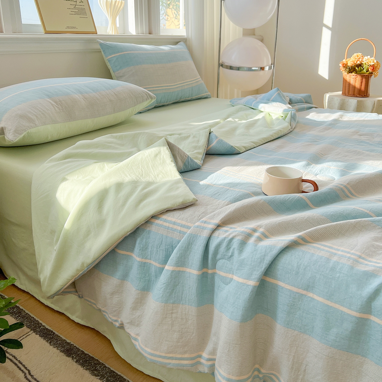 91家纺网 家纺一手货源 找家纺 纽缦家纺 2026新款水洗棉简约格子风夏被 淡香-兰