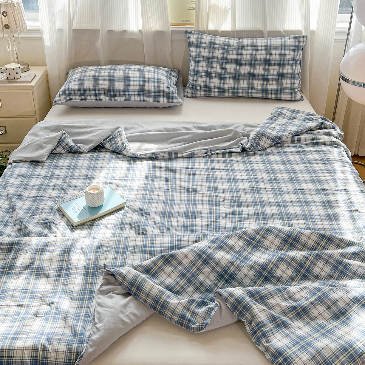 91家纺网 家纺一手货源 找家纺 纽缦家纺 2026新款水洗棉简约格子风夏被 野趣