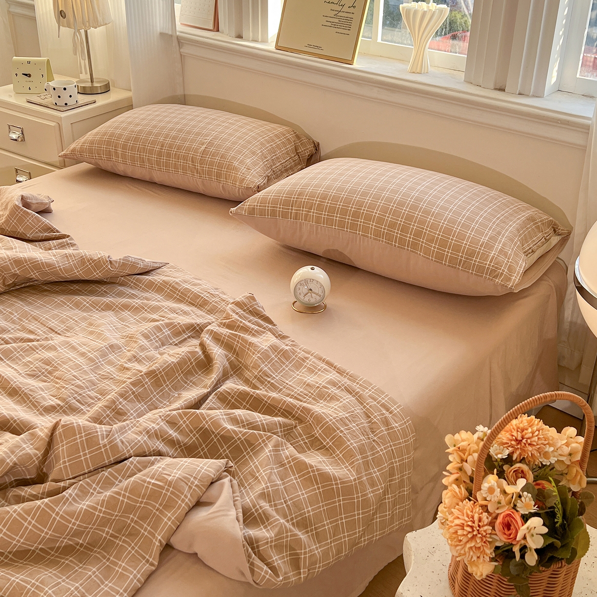 91家纺网 家纺一手货源 找家纺 纽缦家纺 2026新款水洗棉简约格子风夏被 海之声咖