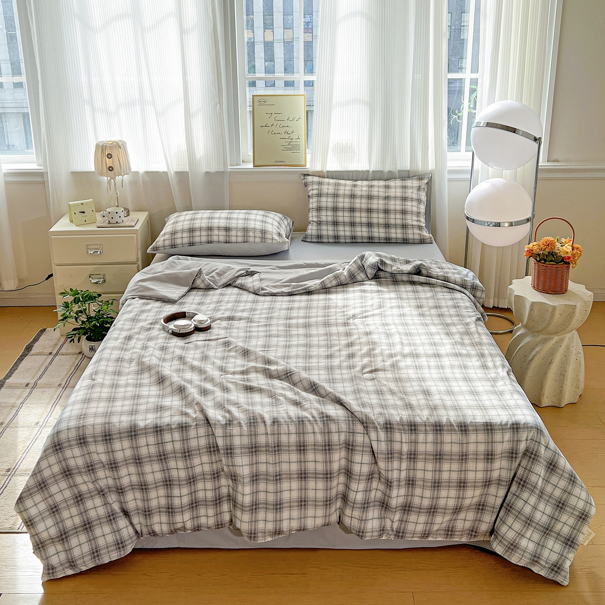 纽缦家纺 2026新款水洗棉简约格子风夏被 暮春
