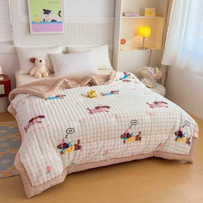 91家纺网 家纺一手货源 找家纺 优雅星家纺 2026新款亲肤舒适兔毛绒豆豆绒冬被 香肠狗