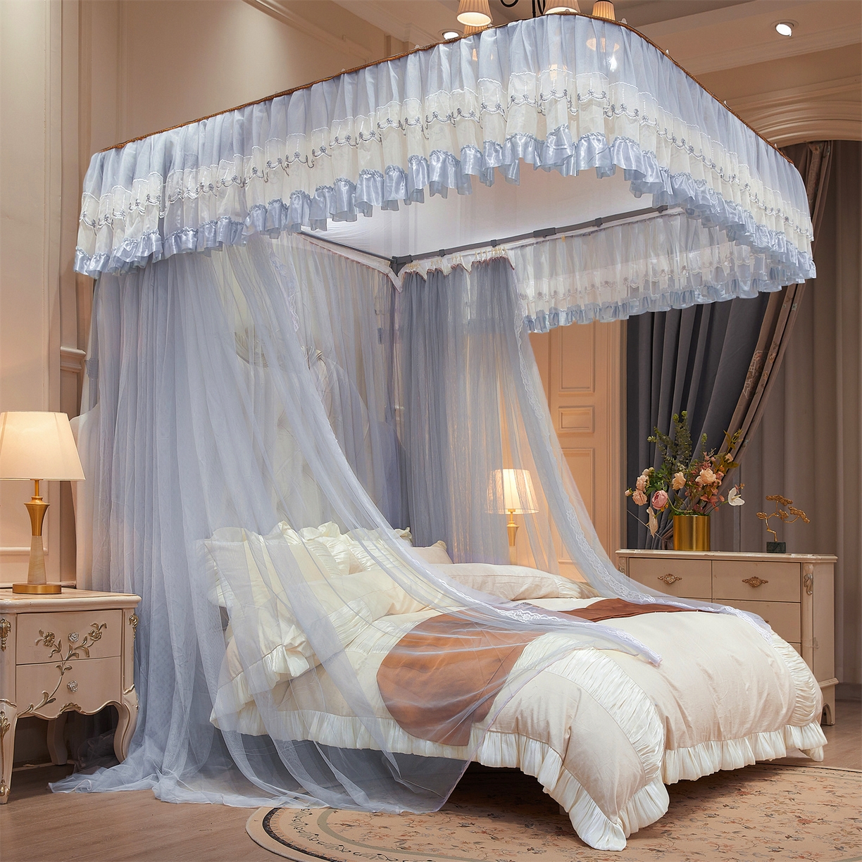 91家纺网 家纺一手货源 找家纺 舞夜盛世 2026新款U型导轨落地宫廷蚊帐-花好月圆 花好月圆-灰色