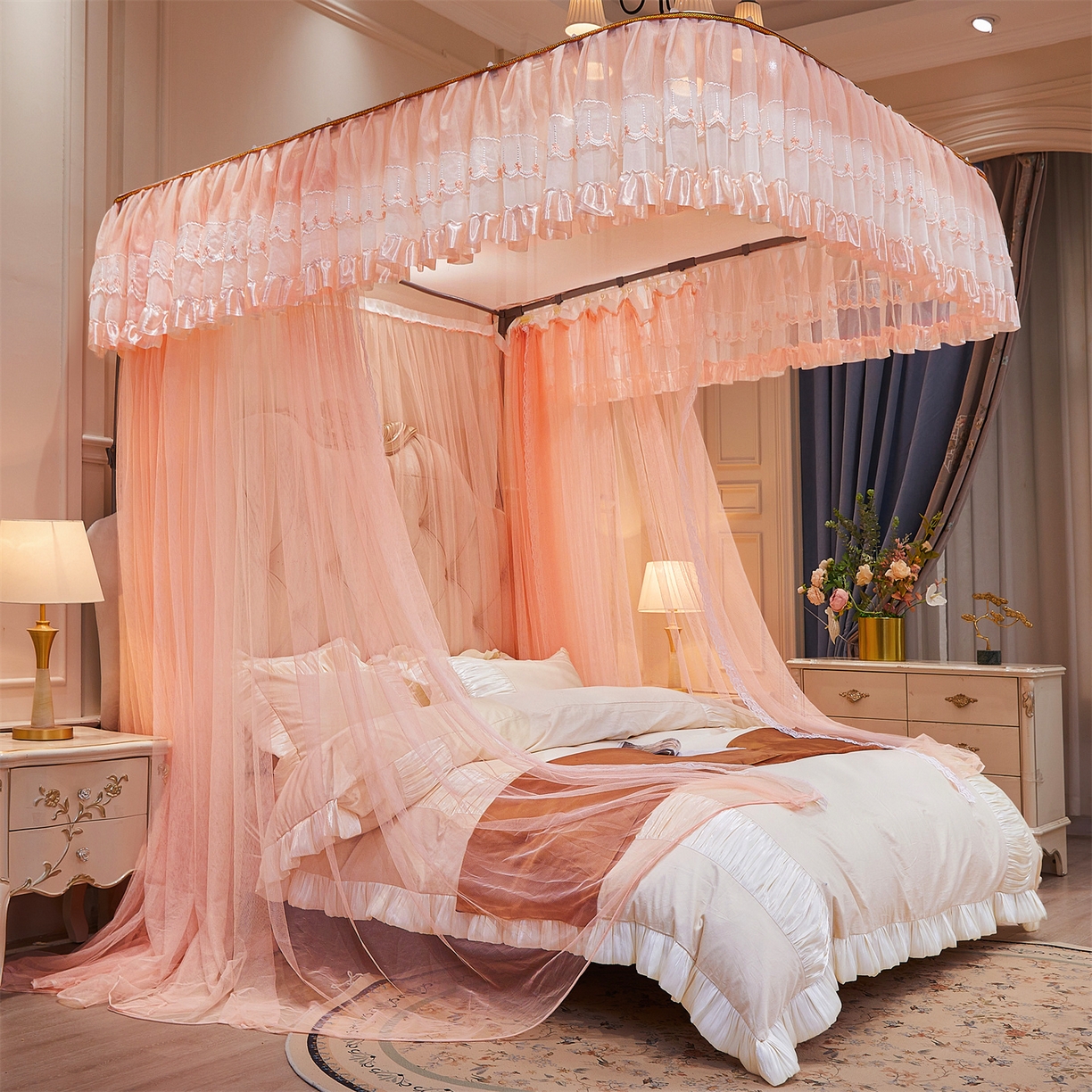 91家纺网 家纺一手货源 找家纺 舞夜盛世 2026新款U型导轨落地宫廷蚊帐-花好月圆 花好月圆-玉色