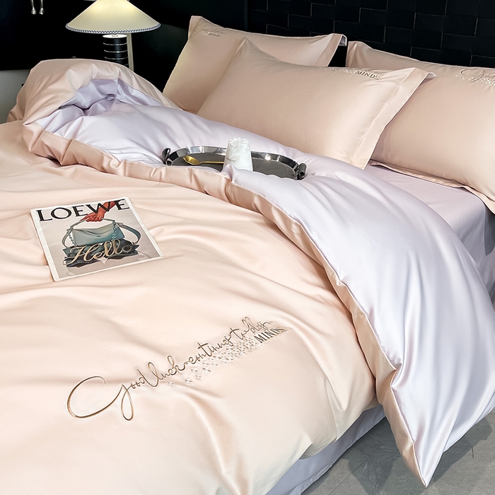 91家纺网 家纺一手货源 找家纺 拼社家纺 2026新款A类全棉贡缎长绒棉四件套全棉四件套简约刺绣纯色纯棉床上用品（提供买家秀） 依恋-丁香粉紫