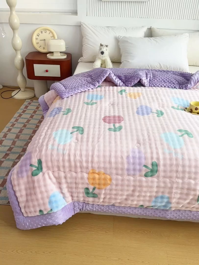 91家纺网 家纺一手货源 找家纺 优雅星家纺 2026新款亲肤舒适兔毛绒豆豆绒冬被 郁金香