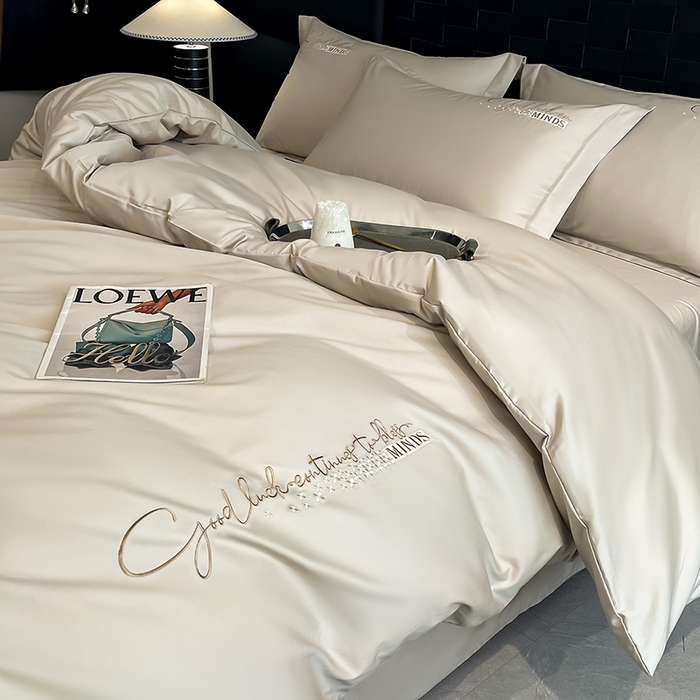 91家纺网 家纺一手货源 找家纺 拼社家纺 2026新款A类全棉贡缎长绒棉四件套全棉四件套简约刺绣纯色纯棉床上用品（提供买家秀） 依恋-奶茶灰棕