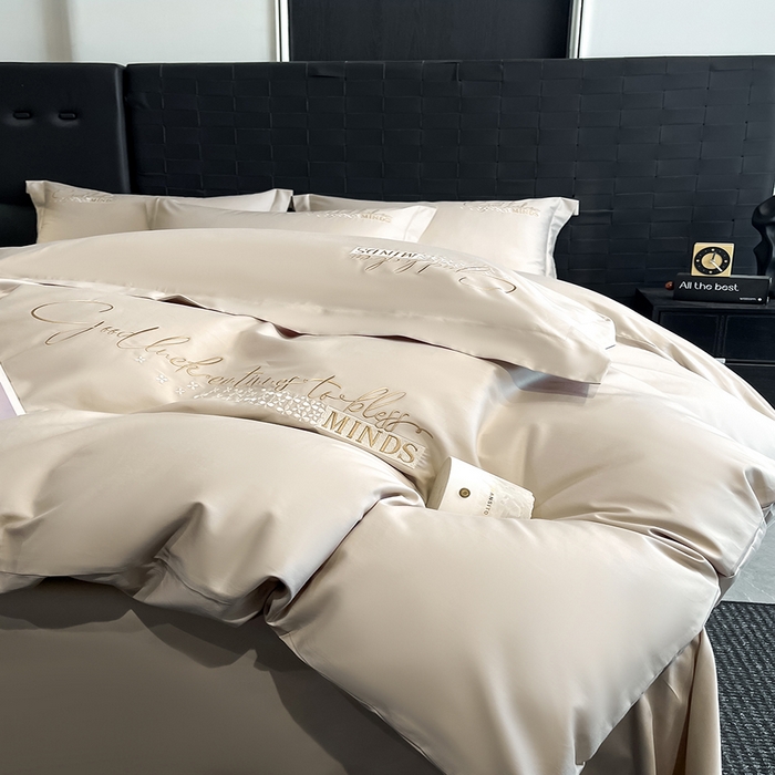 91家纺网 家纺一手货源 找家纺 拼社家纺 2026新款A类全棉贡缎长绒棉四件套全棉四件套简约刺绣纯色纯棉床上用品（提供买家秀） 依恋-奶茶灰棕