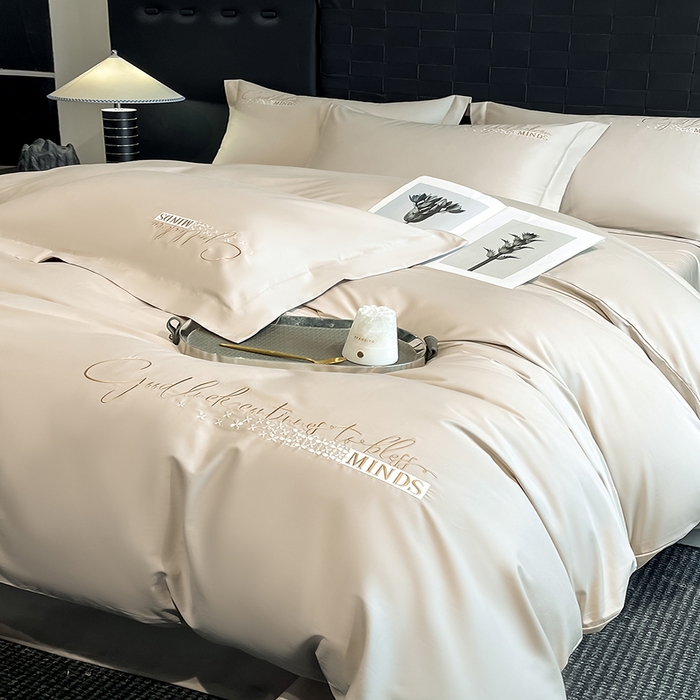 91家纺网 家纺一手货源 找家纺 拼社家纺 2026新款A类全棉贡缎长绒棉四件套全棉四件套简约刺绣纯色纯棉床上用品（提供买家秀） 依恋-奶茶灰棕