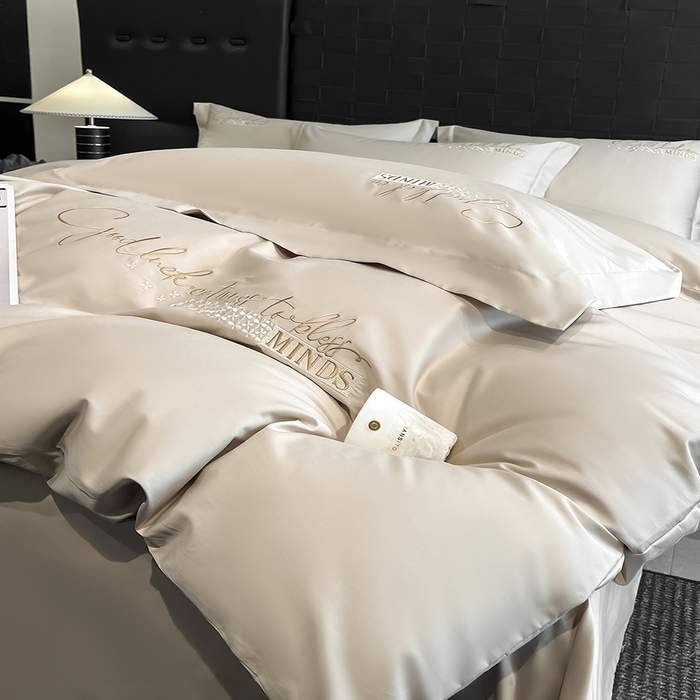 91家纺网 家纺一手货源 找家纺 拼社家纺 2026新款A类全棉贡缎长绒棉四件套全棉四件套简约刺绣纯色纯棉床上用品（提供买家秀） 依恋-奶茶灰棕