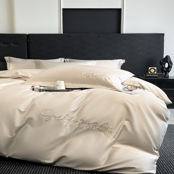 91家纺网 家纺一手货源 找家纺 拼社家纺 2026新款A类全棉贡缎长绒棉四件套全棉四件套简约刺绣纯色纯棉床上用品（提供买家秀） 依恋-奶茶灰棕