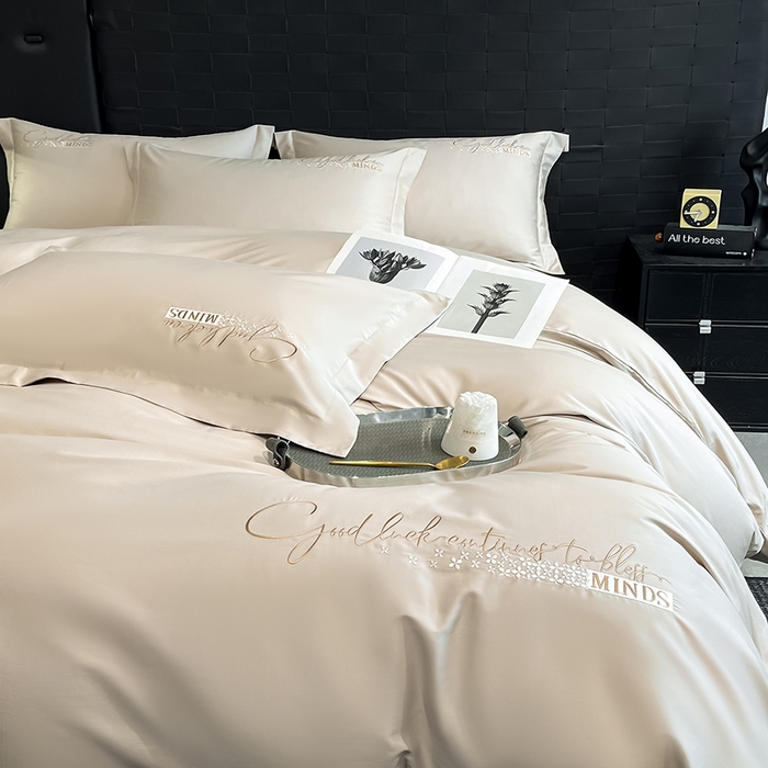 91家纺网 家纺一手货源 找家纺 拼社家纺 2026新款A类全棉贡缎长绒棉四件套全棉四件套简约刺绣纯色纯棉床上用品（提供买家秀） 依恋-奶茶灰棕