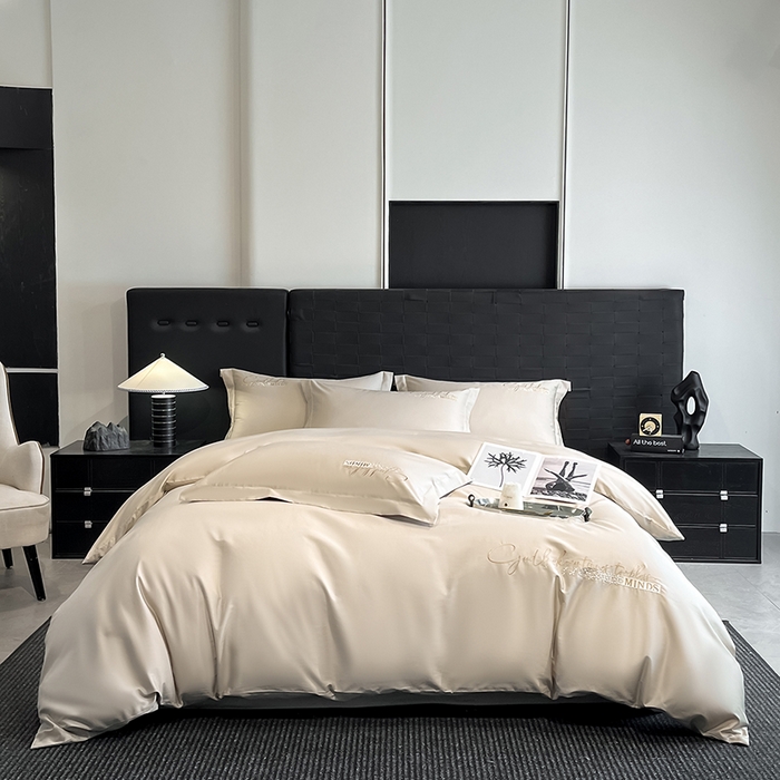 拼社家纺 2026新款A类全棉贡缎长绒棉四件套全棉四件套简约刺绣纯色纯棉床上用品（提供买家秀） 依恋-奶茶灰棕