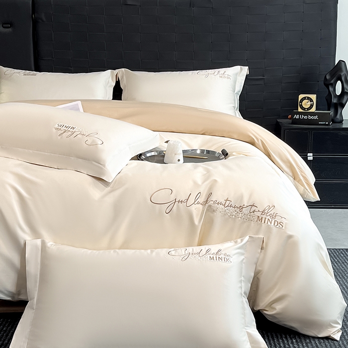 91家纺网 家纺一手货源 找家纺 拼社家纺 2026新款A类全棉贡缎长绒棉四件套全棉四件套简约刺绣纯色纯棉床上用品（提供买家秀） 依恋-奶油香槟