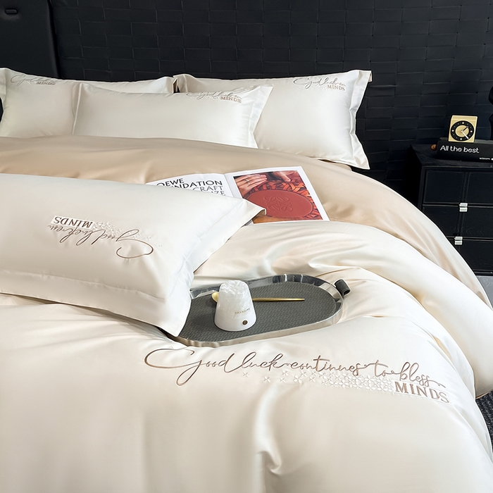 91家纺网 家纺一手货源 找家纺 拼社家纺 2026新款A类全棉贡缎长绒棉四件套全棉四件套简约刺绣纯色纯棉床上用品（提供买家秀） 依恋-奶油香槟