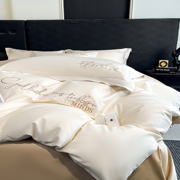 91家纺网 家纺一手货源 找家纺 拼社家纺 2026新款A类全棉贡缎长绒棉四件套全棉四件套简约刺绣纯色纯棉床上用品（提供买家秀） 依恋-奶油香槟