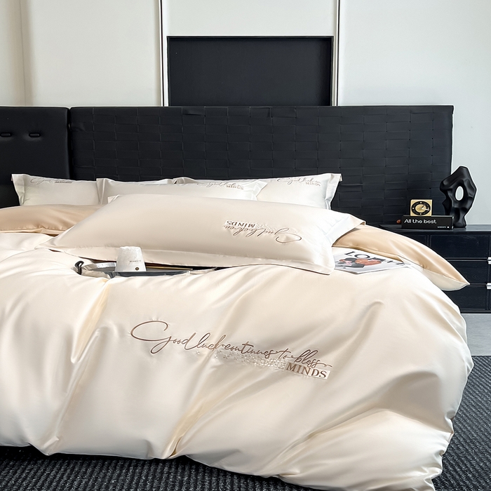 91家纺网 家纺一手货源 找家纺 拼社家纺 2026新款A类全棉贡缎长绒棉四件套全棉四件套简约刺绣纯色纯棉床上用品（提供买家秀） 依恋-奶油香槟