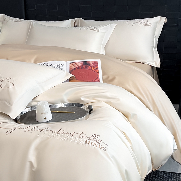 91家纺网 家纺一手货源 找家纺 拼社家纺 2026新款A类全棉贡缎长绒棉四件套全棉四件套简约刺绣纯色纯棉床上用品（提供买家秀） 依恋-奶油香槟