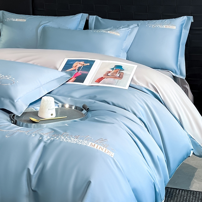 91家纺网 家纺一手货源 找家纺 拼社家纺 2026新款A类全棉贡缎长绒棉四件套全棉四件套简约刺绣纯色纯棉床上用品（提供买家秀） 依恋-汐梦蓝