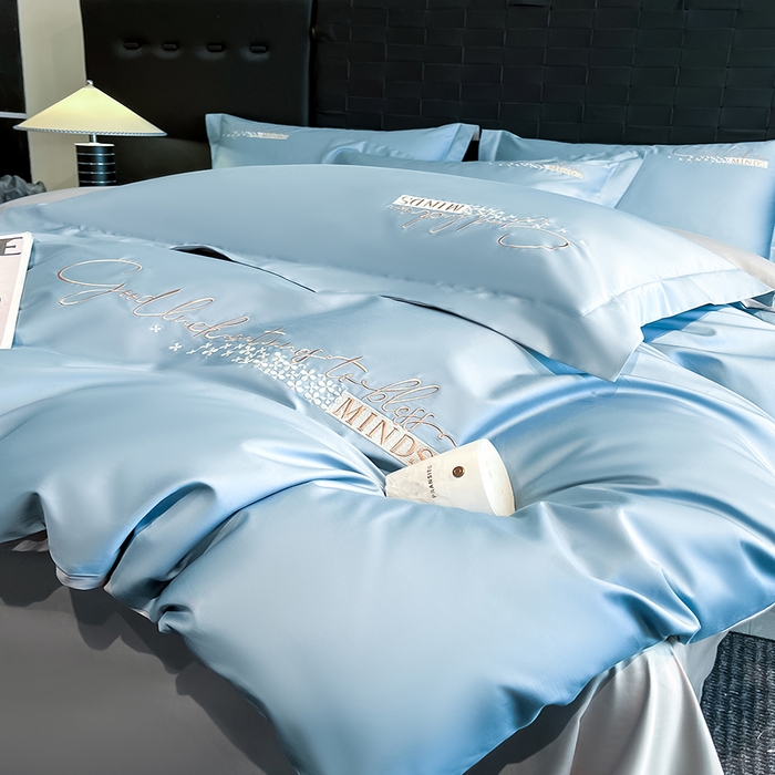 91家纺网 家纺一手货源 找家纺 拼社家纺 2026新款A类全棉贡缎长绒棉四件套全棉四件套简约刺绣纯色纯棉床上用品（提供买家秀） 依恋-汐梦蓝