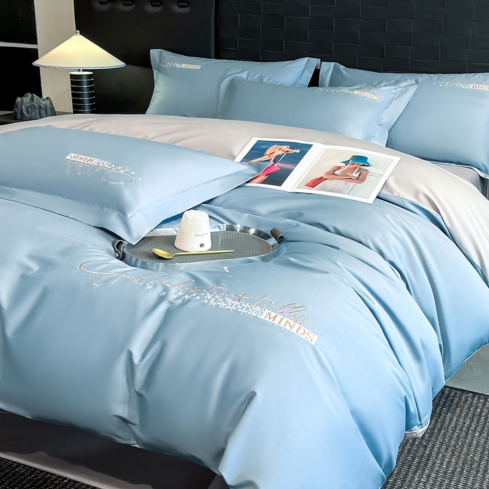91家纺网 家纺一手货源 找家纺 拼社家纺 2026新款A类全棉贡缎长绒棉四件套全棉四件套简约刺绣纯色纯棉床上用品（提供买家秀） 依恋-汐梦蓝