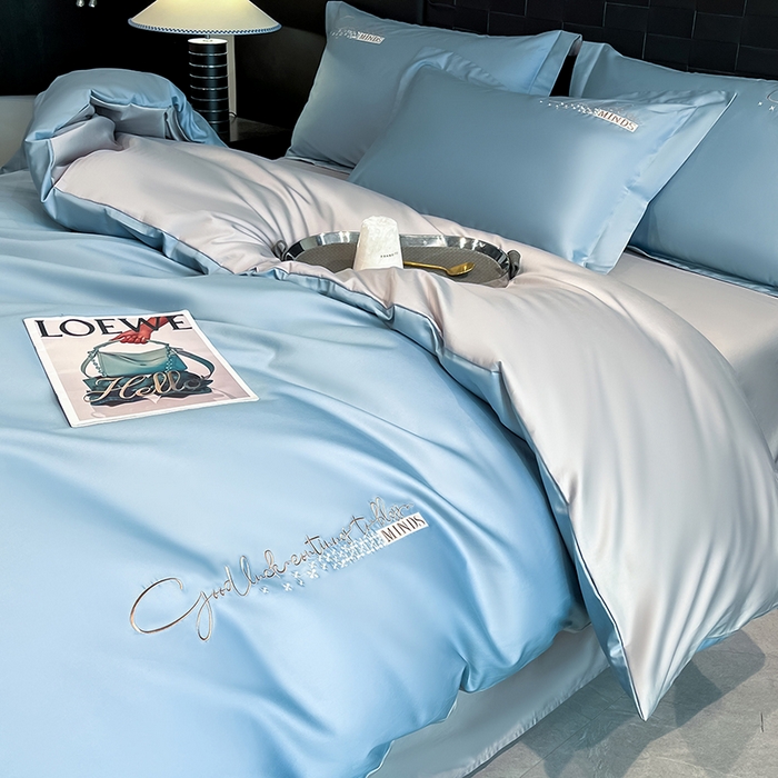 91家纺网 家纺一手货源 找家纺 拼社家纺 2026新款A类全棉贡缎长绒棉四件套全棉四件套简约刺绣纯色纯棉床上用品（提供买家秀） 依恋-汐梦蓝