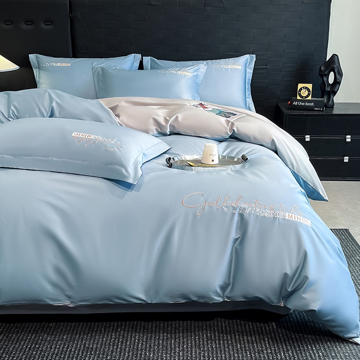 91家纺网 家纺一手货源 找家纺 拼社家纺 2026新款A类全棉贡缎长绒棉四件套全棉四件套简约刺绣纯色纯棉床上用品（提供买家秀） 依恋-汐梦蓝