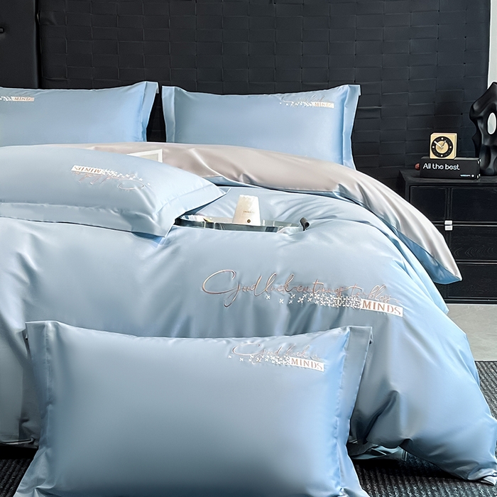 91家纺网 家纺一手货源 找家纺 拼社家纺 2026新款A类全棉贡缎长绒棉四件套全棉四件套简约刺绣纯色纯棉床上用品（提供买家秀） 依恋-汐梦蓝