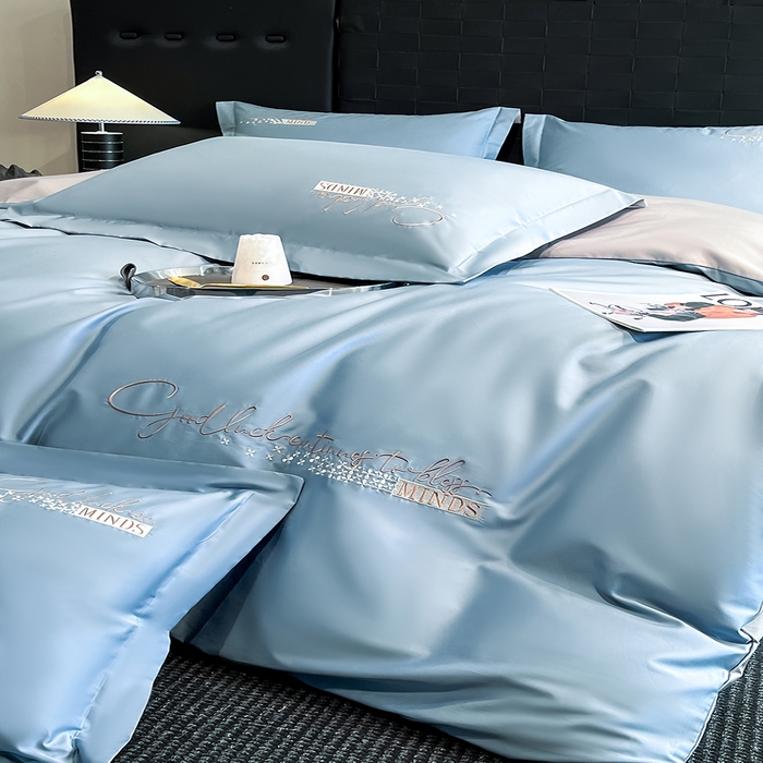 91家纺网 家纺一手货源 找家纺 拼社家纺 2026新款A类全棉贡缎长绒棉四件套全棉四件套简约刺绣纯色纯棉床上用品（提供买家秀） 依恋-汐梦蓝