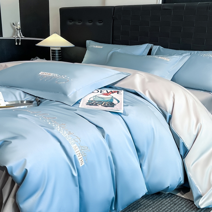 91家纺网 家纺一手货源 找家纺 拼社家纺 2026新款A类全棉贡缎长绒棉四件套全棉四件套简约刺绣纯色纯棉床上用品（提供买家秀） 依恋-汐梦蓝