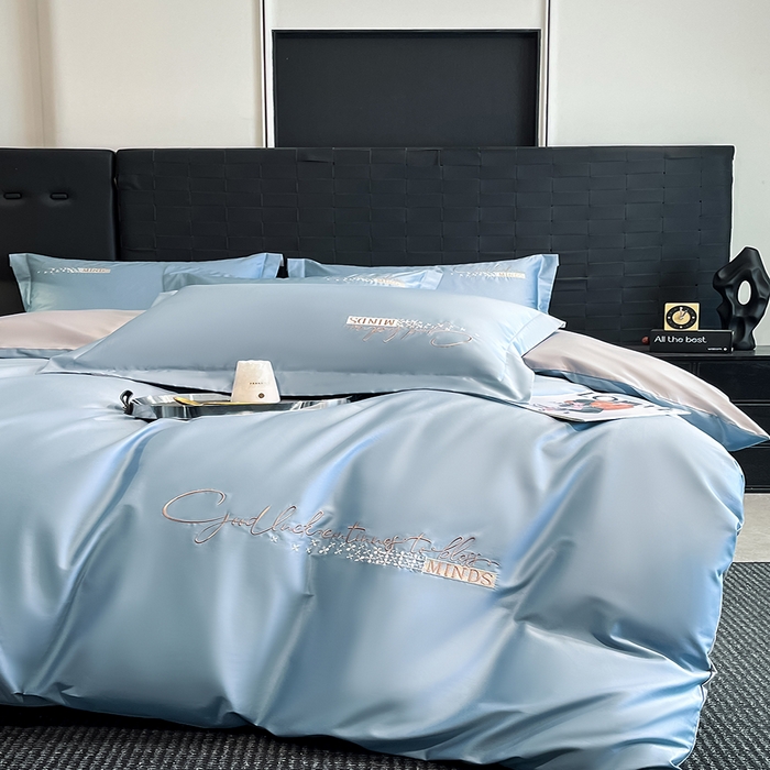 91家纺网 家纺一手货源 找家纺 拼社家纺 2026新款A类全棉贡缎长绒棉四件套全棉四件套简约刺绣纯色纯棉床上用品（提供买家秀） 依恋-汐梦蓝