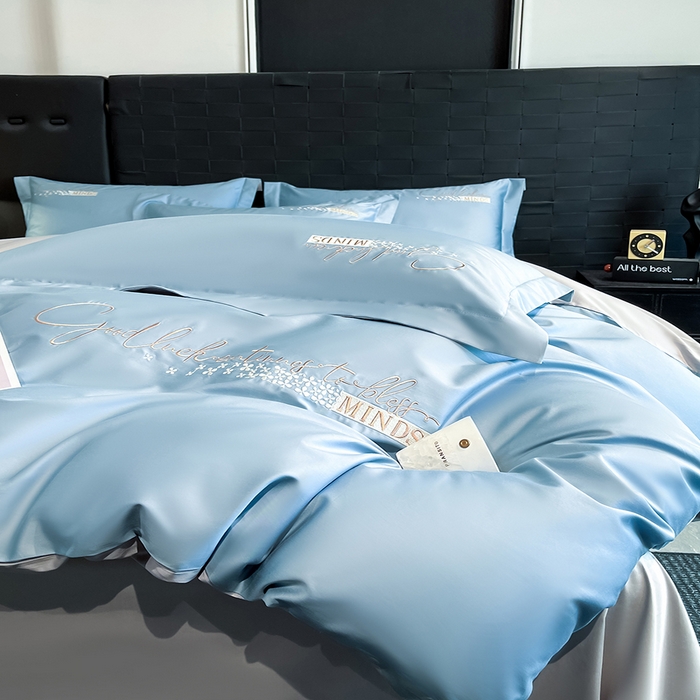 91家纺网 家纺一手货源 找家纺 拼社家纺 2026新款A类全棉贡缎长绒棉四件套全棉四件套简约刺绣纯色纯棉床上用品（提供买家秀） 依恋-汐梦蓝