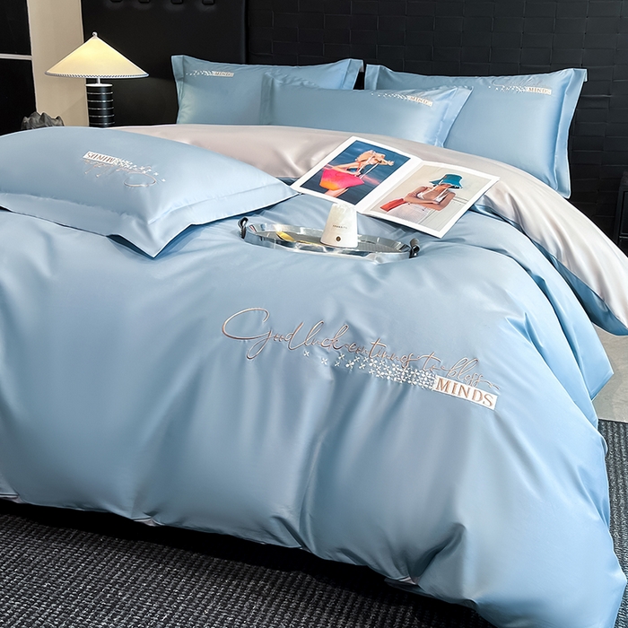 91家纺网 家纺一手货源 找家纺 拼社家纺 2026新款A类全棉贡缎长绒棉四件套全棉四件套简约刺绣纯色纯棉床上用品（提供买家秀） 依恋-汐梦蓝