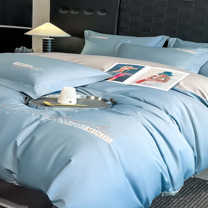 91家纺网 家纺一手货源 找家纺 拼社家纺 2026新款A类全棉贡缎长绒棉四件套全棉四件套简约刺绣纯色纯棉床上用品（提供买家秀） 依恋-汐梦蓝