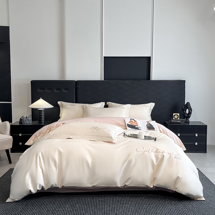 拼社家纺 2026新款A类全棉贡缎长绒棉四件套全棉四件套简约刺绣纯色纯棉床上用品（提供买家秀） 依恋-元气白桃