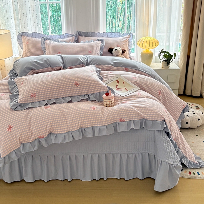 91家纺网 家纺一手货源 找家纺 铠畅 2026春夏新款 锦朵系列韩版水洗棉小清新古棉床盖四件套 锦朵 浅蓝密语