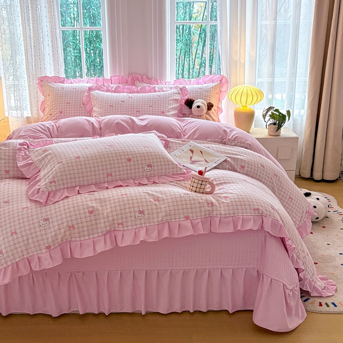 91家纺网 家纺一手货源 找家纺 铠畅 2026春夏新款 锦朵系列韩版水洗棉小清新古棉床盖四件套 锦朵 甜梦喵 粉