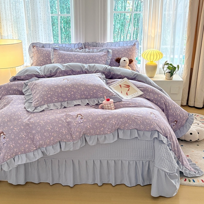 91家纺网 家纺一手货源 找家纺 铠畅 2026春夏新款 锦朵系列韩版水洗棉小清新古棉床盖四件套 锦朵 紫莓小兔