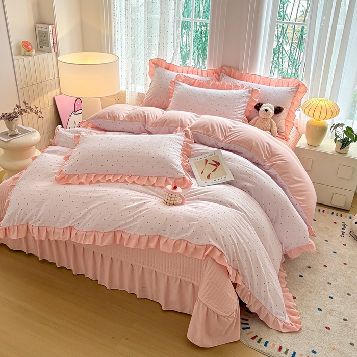 91家纺网 家纺一手货源 找家纺 铠畅 2026春夏新款 锦朵系列韩版水洗棉小清新古棉床盖四件套 锦朵 粉雾点